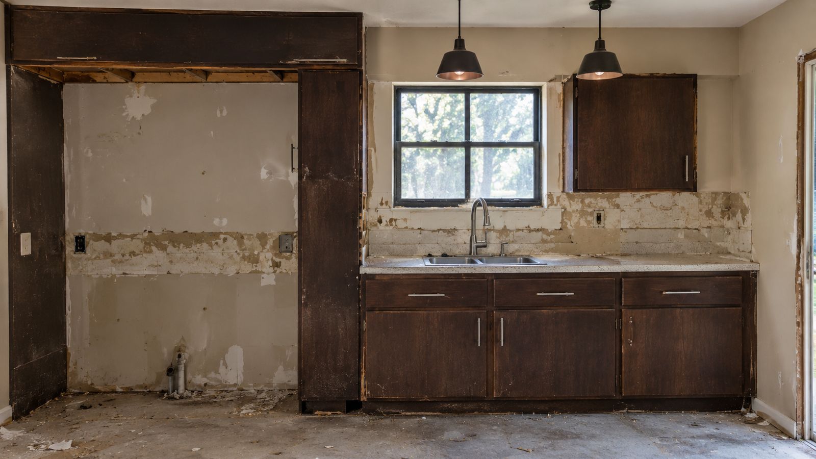 A kitchen before the rebuild: cabinets stripped and water-stained, the backsplash torn off, the fridge gone and the subfloor bare
